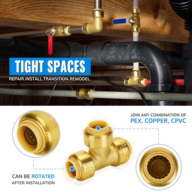 SUNGATOR 1/2 Inch Tee, Push Pex Fittings 1/2 Inch, 1/2" T Fittings, No Lead Brass Push-to-Connect Plumbing Tee Connector for PEX Pipe, Copper, CPVC, with 1 Disconnect Clip, Pack of 2 - Image 4